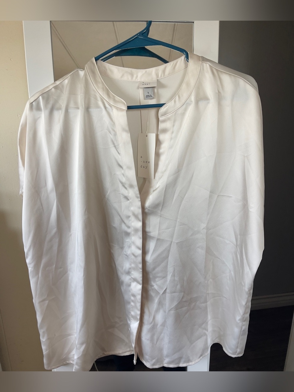 a new day White Band-Collar Silk-Feel Blouse